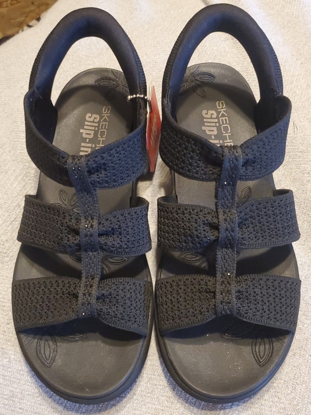Skechers Black Knit T-Strap Comfort Sandals